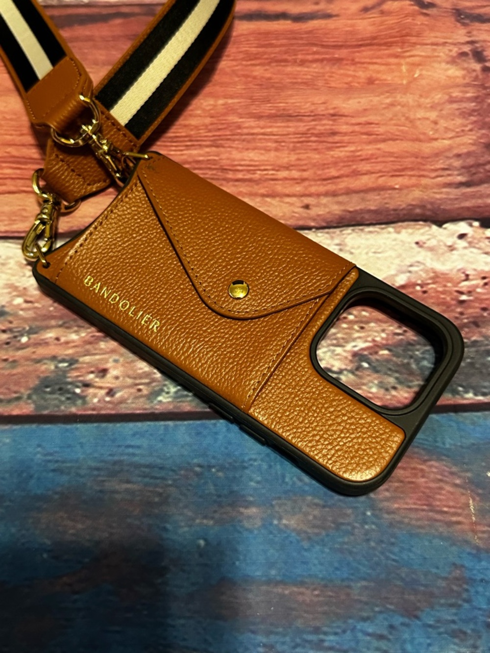 Bandolier Leather Crossbody Phone Case in Brown with Gold Hardware